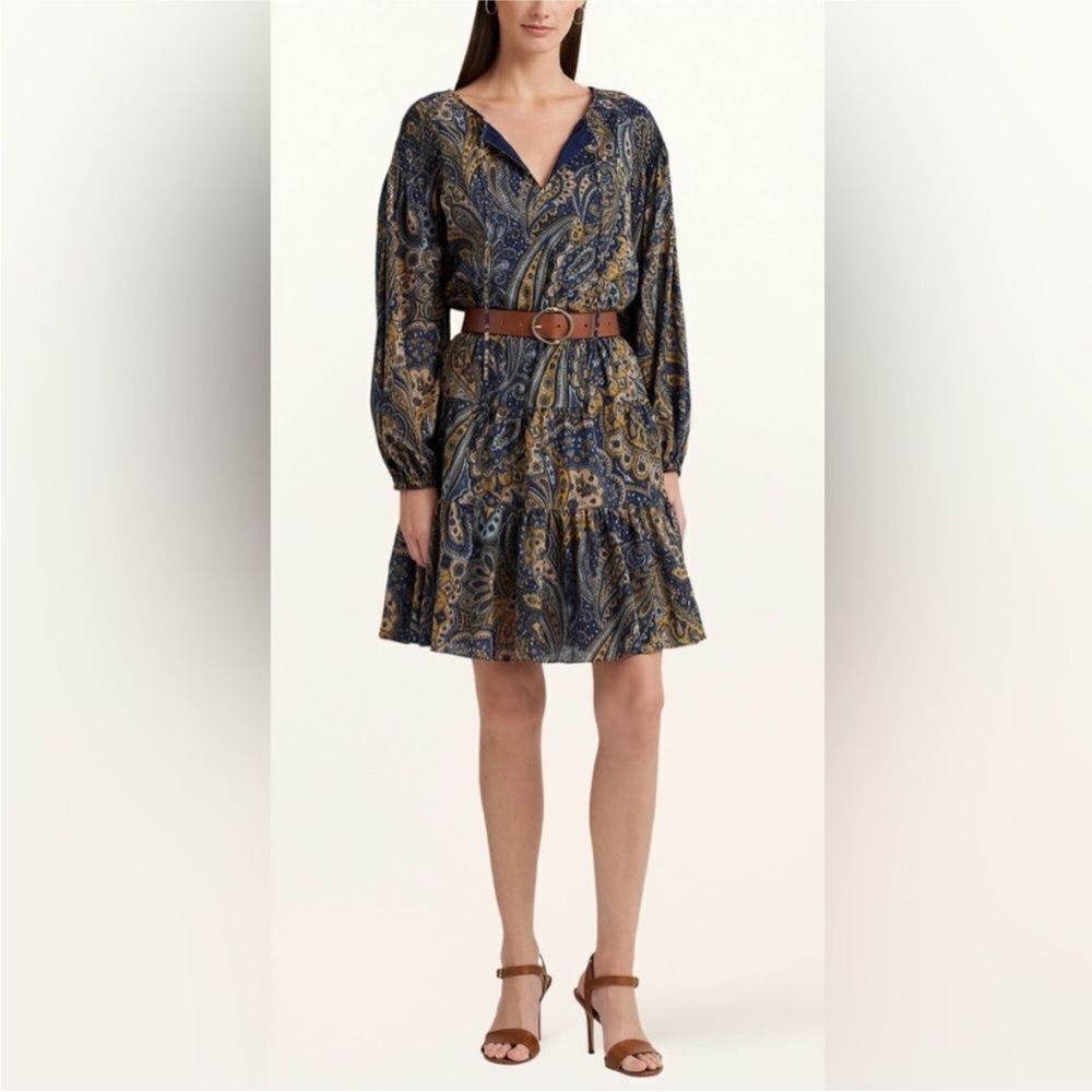 Ralph Lauren Black Label Navy and Gold Paisley Long Sleeve Dress, US8